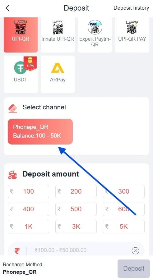 select the payment channel
